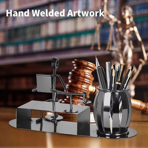 DHUJBFF Lawyer Gifts for Men Women, Balance Scales & Lawyer Design Hand Welded Metal Art Recycled Metal Sculptures Desk Accessories, Law Office Decor Pencil Pen Holder Cup & Lawyer Gifts