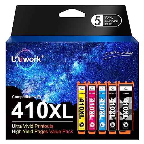 Uniwork Remanufactured 410XL Ink Cartridge Replacement for Epson 410XL 410 XL T410XL use for Expression XP-830 XP-640 XP-7100 XP-630 XP-530 XP-635 Printer Tray (Latest Upgraded Chip, 5 Pack)