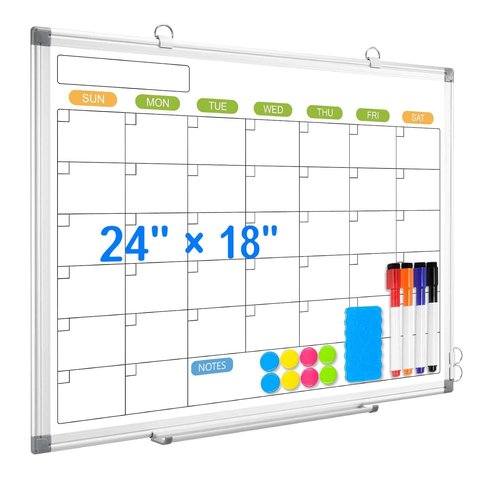 Dry Erase Calendar Whiteboard for Wall, 24" x 18" Magnetic Monthly White Board Calendar, Hanging Double-Sided White Board for Planning, Memo, School, Home, Office
