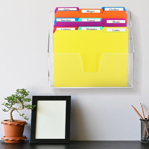 Estune 12 Pack File Folders with Acrylic Vertical Holder Organizer, 1/3 Cut Tab with Folder Letter Size and Labels Horizontal Triple Clear File Paper Desktop Storage Box for Office Desk