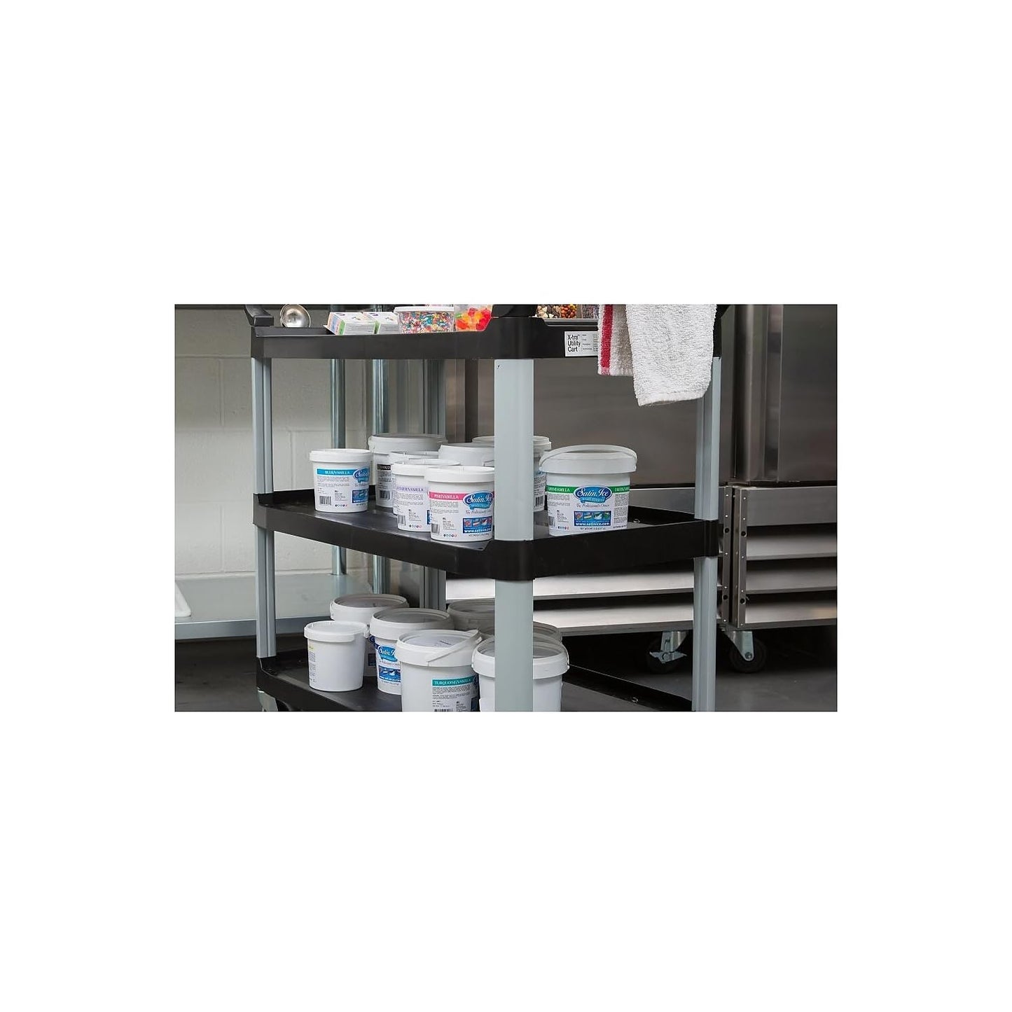 Rubbermaid Commercial Products Heavy Duty 3-Shelf Rolling Service/Utility/Push Cart, 300 lbs. Capacity, Black, for Restaurant/Cleaning/Office use (FG409100BLA)
