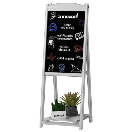 INNOVART Magnetic A-Frame Chalkboard Sign, Sidewalk Sign 45" x 17" With Display Shelf, Free Standing Easel for Restaurant, Business, Wedding or Events, White