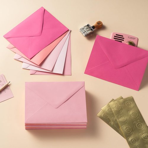 Toperd 100 Pieces A7 Envelopes with Gold Stickers 5 Colors 5.24 x 7.24 Inches for Wedding Cards, Birthday, Baby Shower, Invitations (5 Pink, 5 1/4 x 7 1/4 inches)