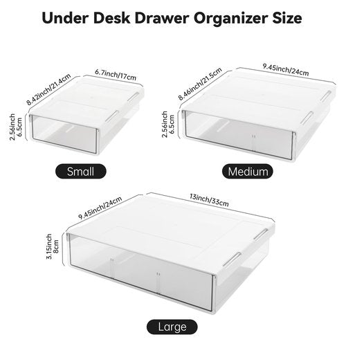 OTraki 3 Packs Under Desk Storage Drawer, Large & Medium & Small, Stick on Drawers Slide Out, Self-Adhesive Desk Amount Drawer Attach for Office, Home, School, Hidden Desktop Organizer, Clear