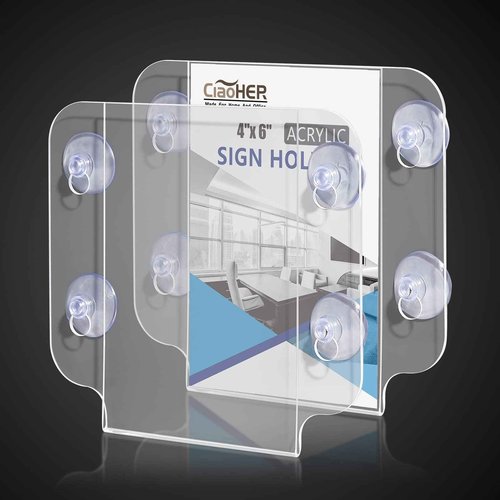 CiaoHER Acrylic Sign Holder 4 x 6, Clear Acrylic Frames Glass Window Wall Mount Advertising Signage Sign Holder with 4 Suction Cups for Mall, Office, Home, Restaurant, Vertical（6 Pack）