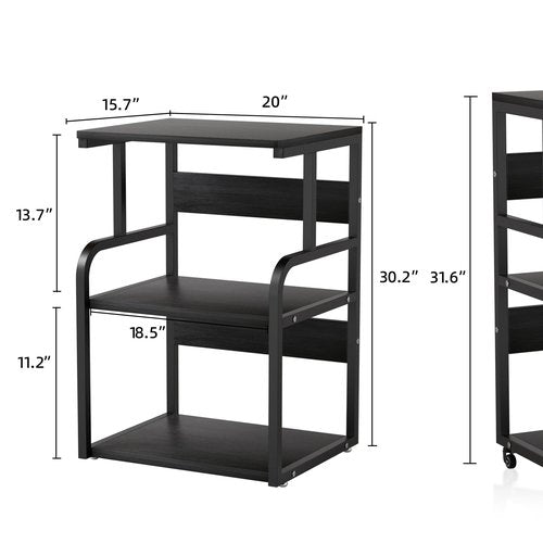 URLINE Large Printer Stand with 3-Tier Wood Storage Shelves -Multi-Purpose Desk Organizer- for Printer Scanner Fax Home Office Use with Wheels (Black)