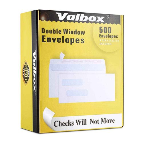 ValBox 500 Count #8 Double Window Envelopes 3 5/8" x 8 11/16" Self Seal Double Window Security Check Envelopes- Security Tint Pattern Designed for Home Office Secure Mailing