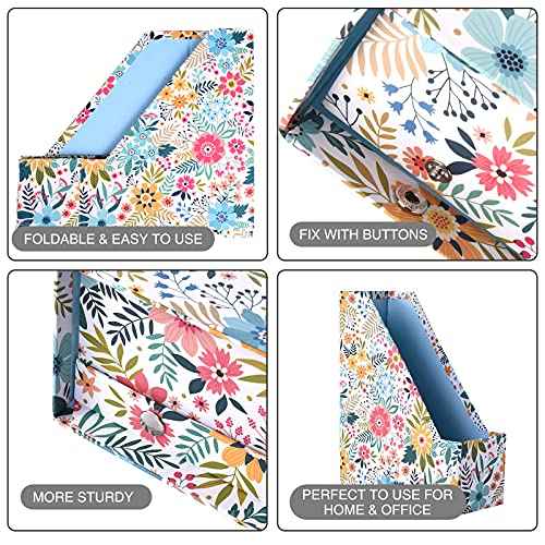 SUIN 4 Pack Foldable Magazine Holder, Seamless Floral Designered File-Boxes Desk File Organizer for Office/Home/School, Bright Flower