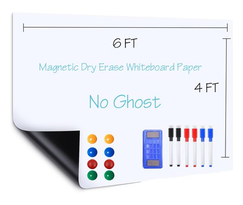 Takor Magnetic Whiteboard Paper, 48" x 71" Dry Erase Sheet, Self-Adhesive Backing, Stick Wallpaper Roll with Markers, Eraser and Magnets, Ideal for Home,Office,School(4x6ft)