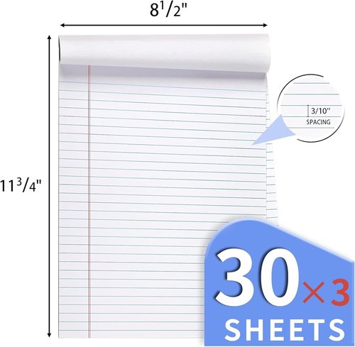 Legal Pads | 3-Pack Lined Writing Pads - 8.5 x 11 Inches, 30 Sheets Each for School & Office