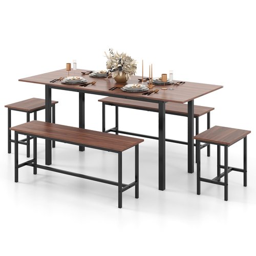 Giantex Dining Table Set for 4-6, 5-Piece Kitchen Table Chairs Set, 63” Extendable Table with 2 Benches, 2 Stools, Dinette Table Set, Breakfast Nook Table Set, Dining Room Table Set (Walnut)
