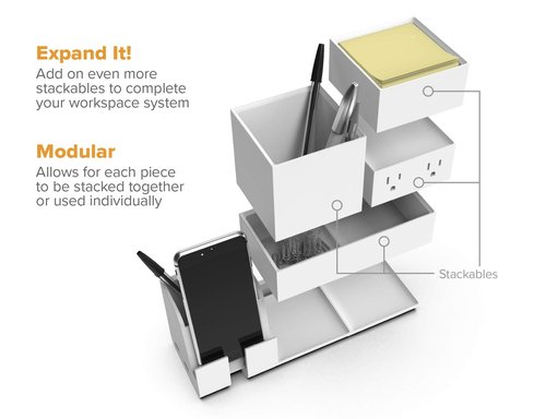 Bostitch Office Konnect Desk Organizer and Charging Station, 2 USB Ports, 2 Plugs, Charges Phones Tablets, Pencil Cup, 4-Piece Design, White