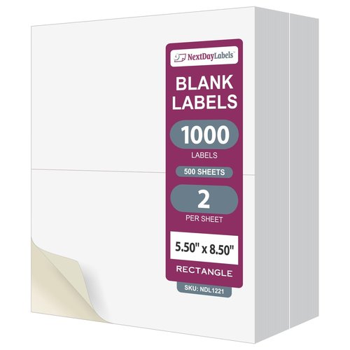 NextDayLabels – 8-1/2" x 5-1/2" Rectangular Sticker Labels for Printer - White Laser/Inkjet Printer Labels Return Address Labels Shipping Label Stickers (500 Sheets, 2 Per Sheet, 1000 Labels)