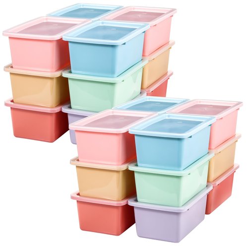 Outus 24 Pcs Plastic Small Cubby Bins with Lids Toy Storage Bins Classroom Storage Organizer Containers Books Bins With 15 Sheets Self Adhesive Labels for Classroom School Supplies(Macaron)