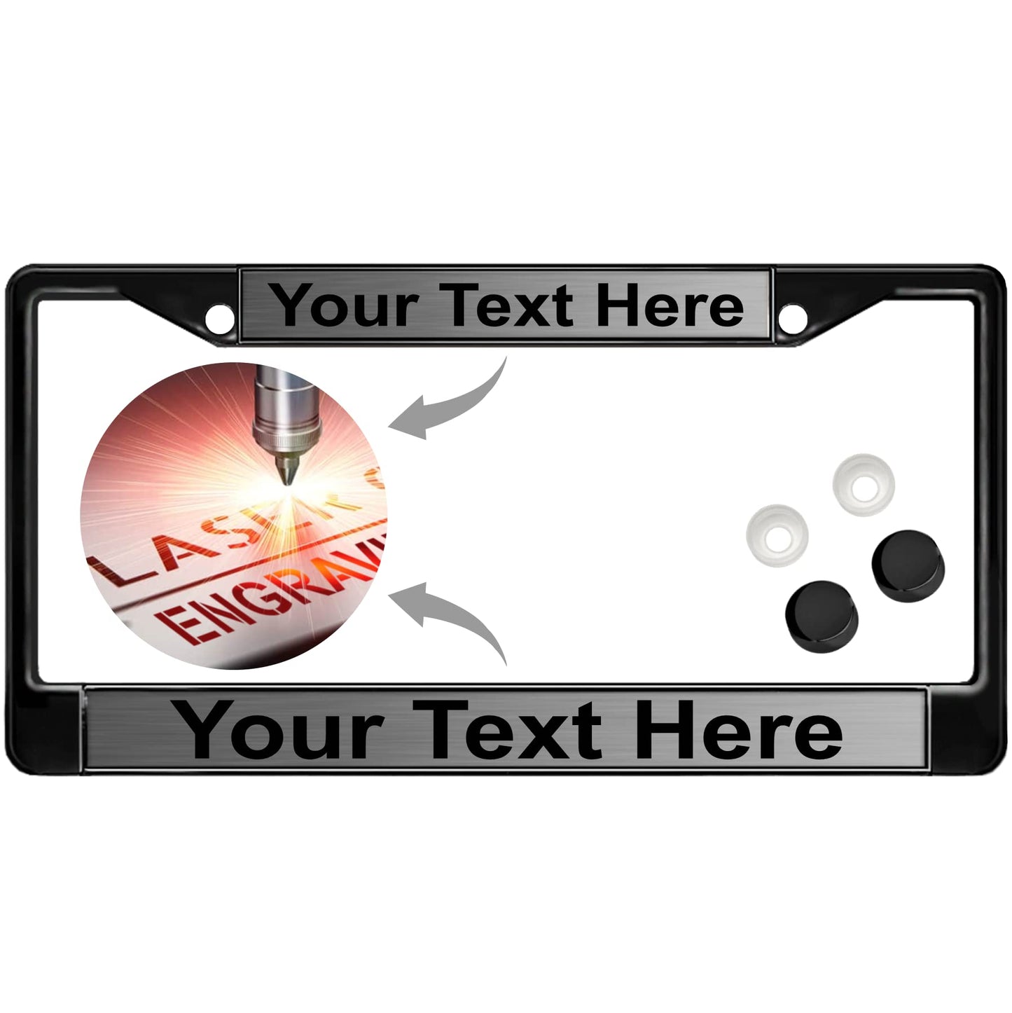 Custom Personalized Black Powder-Coated Metal Laser Engraved Standard Size - Car/Automobile License Plate Frame with Free caps - Steel/Black Text (Qty: 1 Frame)