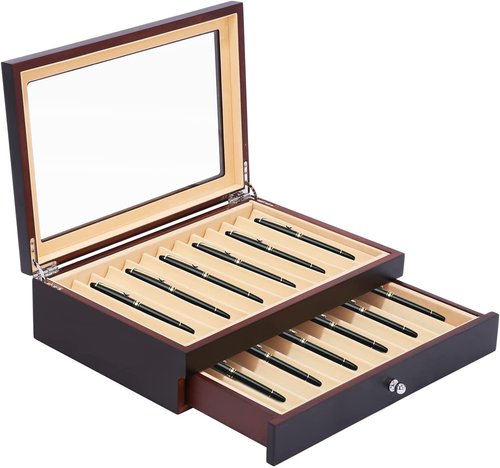 Wood Display Box Fountain Pen Storage Organizer 23 Slot Collector Case 2 Layers (Ebony)