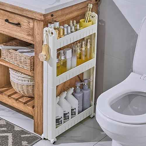 3.54 Slim Storage Cart Durable Bathroom Organizer Slide Out Storage Cart Rolling Utility Cart Slide Out Organizer Narrow Shelf Rack for Kitchen Bathroom Study Office