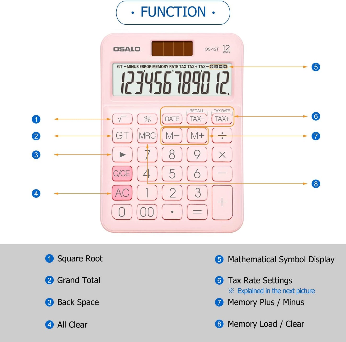 Skiennix Pocket Desk Calculator - 12 Digit LCD Display | Solar & Battery Power, Compact Size (Pink)