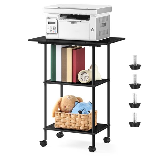 Luplom Black Modern Printer Stand with Storage 3 Tier Rolling Cart, Large Printer Table for Home Office, Multi-Level Storage, Compatible with Printers, Scanners, Office Supplies