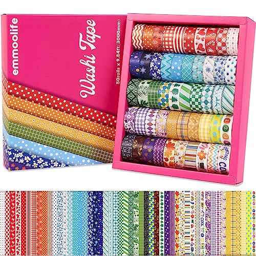 emmoolife 50 Rolls Washi Tape Set, 15mm Wide Rainbow Colored Tape Aesthetic Design Masking Decorative Tape for Scrapbooking Supplies, Bullet Journaling, Junk Journal, Wrapping Planners, DIY Arts Craft