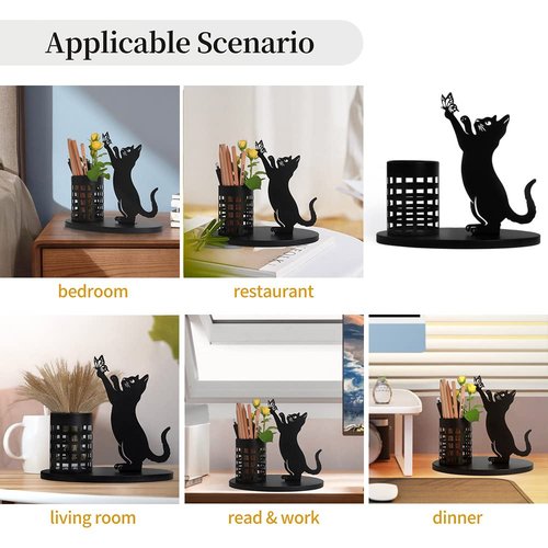 kobjoy Cat Pencil Holder for Desk, Organizer Pen Holder for Bedroom/Office, Metal Cut Home Decor for Table Centerpiece, Black Gifts for Cat Lover, Pampas Grass Vase(Cat)