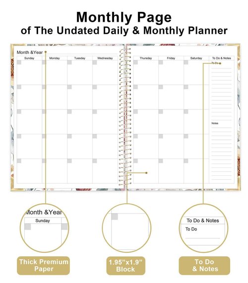 Undated Daily Monthly Planner for 2025 2026 - A4 To Do List with Hourly Schedule, Hardcover Spiral Bound Daily Planner to Increase Focus, Stylish School/Office Supplies, 8.5" x 11", Flower