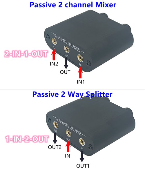 TENEALAY 2 Way Audio mixer 3.5mm Un-powered mixer, 2 to 1 Stereo aux 3.5mm line levels control Box mini passive mixer X21
