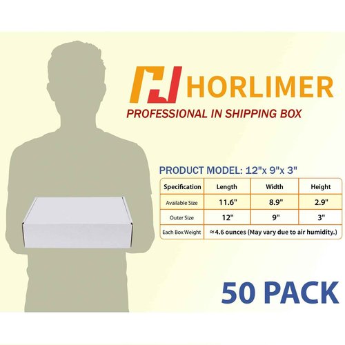 HORLIMER 12x9x3 inches Shipping Boxes Set of 50, White Medium Corrugated Cardboard Box Literature Mailer