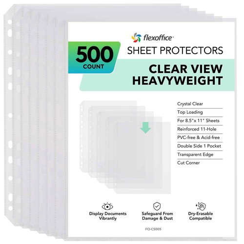 FLEXOFFICE 500 Pack, 8.5 x11 Clear Sheet Protectors, Page Protectors Heavy Duty for 3 Ring Binder, Top Loading Plastic Sleeves