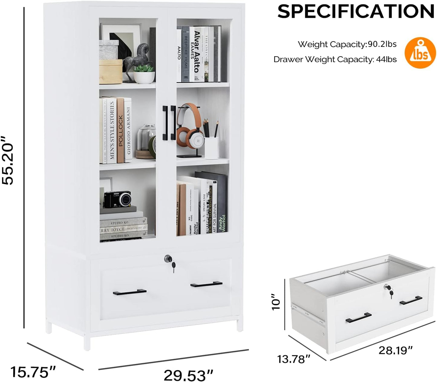 VINGLI Lateral File Cabinet - Glass Doors & Locking Drawer for Hanging Files | White, 30"W x 16"D x 55"H