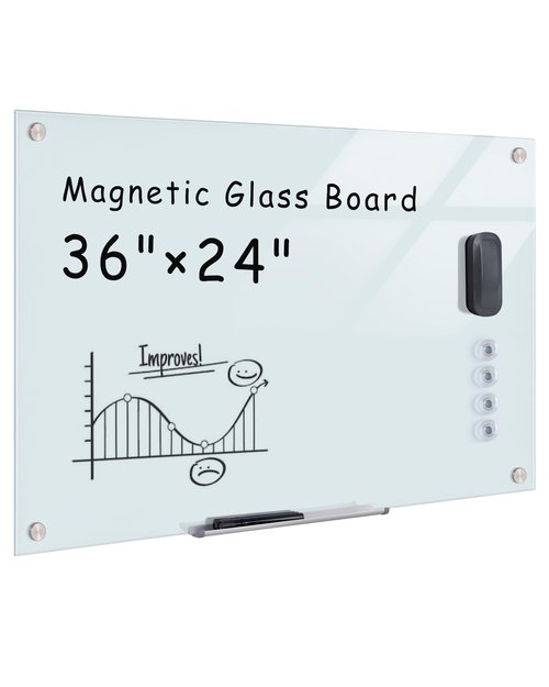 Mifuro Magnetic Glass Whiteboard，36"x24" Wall Mounted Frameless Dry Erase Board for Office, Home & School White