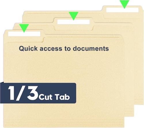 Manila File Folders - 150 Pack Bulk | Letter Size 8.5" x 11" with Assorted 1/3 Cut Tabs & Blank Labels