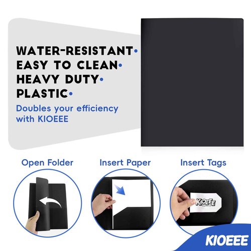 Kioeee Plastic Folders with Pockets (96 Pack), Heavy Duty Plastic Folders with 2 Pocket and Business Card Slot. Fit Letter Size Paper, Black for School