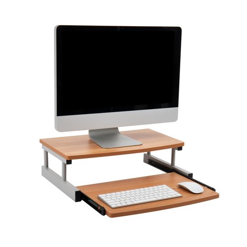 Mind Reader Monitor Stand, Sliding Keyboard Drawer, Laptop, Riser, Office, Wood/Metal, 20" L x 14.75" W x 5.9" H, Brown, Silver