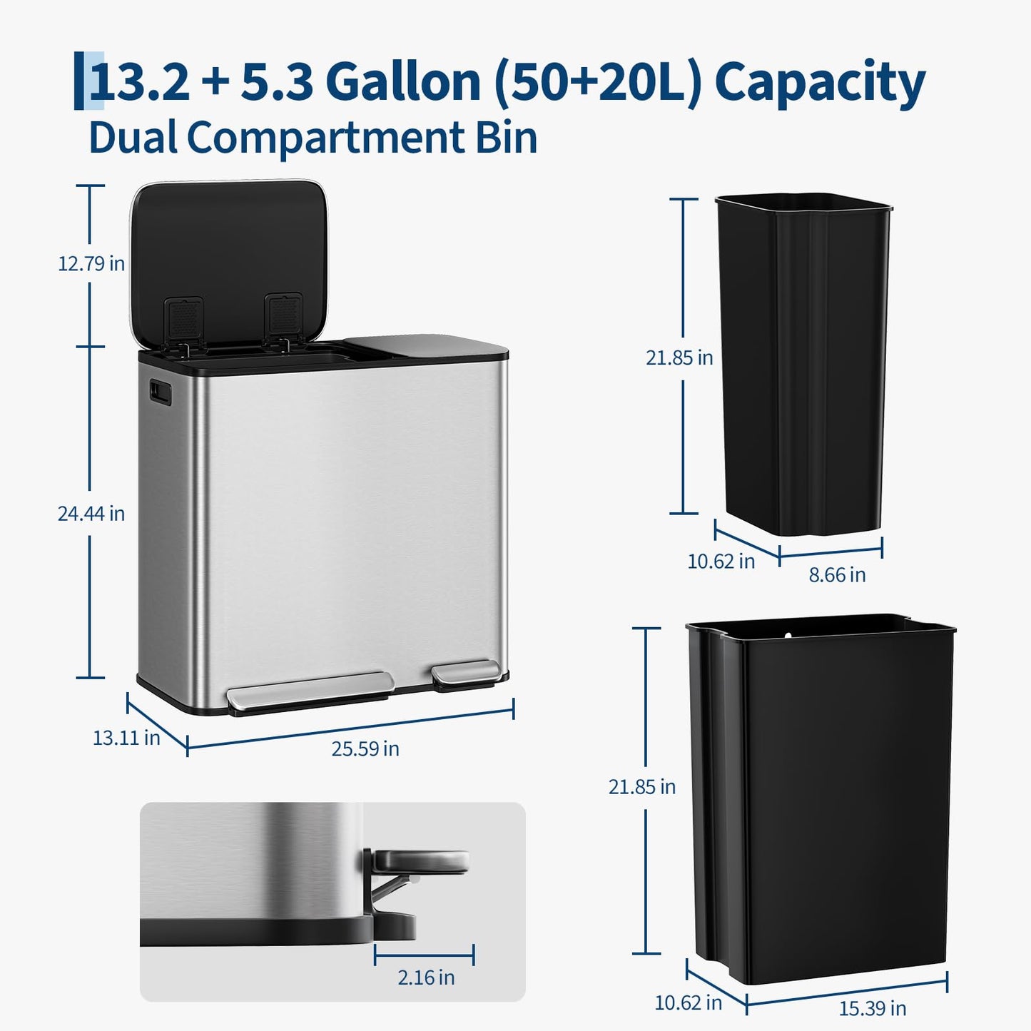 Dual Kitchen Trash Can 13.2 + 5.2 Gal (50+20L) Stainless Steel Trash Cans with Soft-Close Lid Large Double Garbage and Recycling Bin with 2 Removable Inner Buckets Step-on Metal Garbage Cans Silver