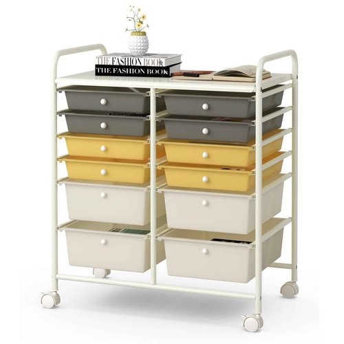 Giantex 12-Drawer Rolling Storage Cart, Multipurpose Movable Organizer Cart, Utility Cart for Home, Office, School (Yellow)