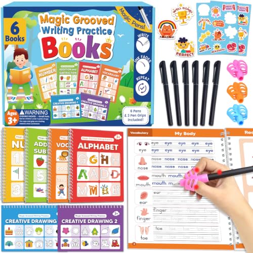 Kids Writing Practice Books with Reusable Sheets, Magic Pen & Grooved Design