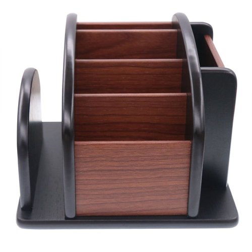 Coideal Remote Control Holder Caddy - Wooden Rotating Coffee Table Organizer Large Spinning Wood Remote Holder for Living Room Office (6 Compartments, Brown & Black)