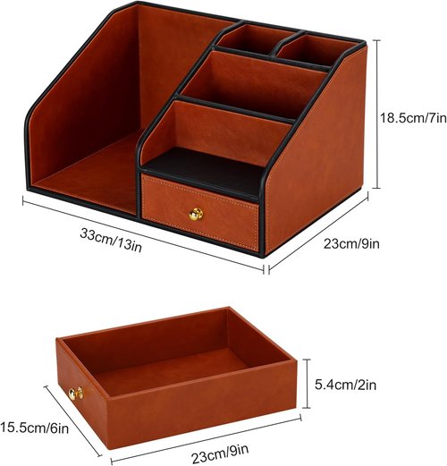 KINGFOM Desk Organizer - Multifunctional 6 Compartment PU Leather Holder for Office Supplies | Brown