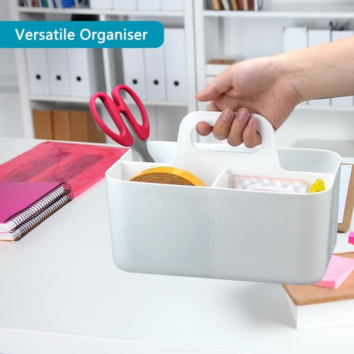 giteo bedding Desk Organizer with Handle, 2 Pcs Plastic 5-Compartmen Storage Caddy, Stackable Portable Container for Office, Bathroom, Craft, Cupboards (White)