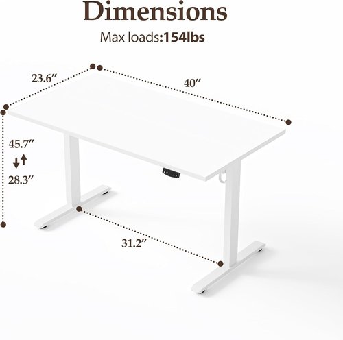Klicelor Electric Standing Desk - 40 Inch Height Adjustable Sit-Stand Office Desk | White Finish