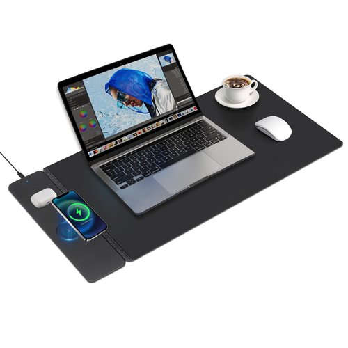 Wireless Charging Mouse Pad,Dual Fast Charger, Reversible Felt & PU Leather Desk Mat, for Office & Gaming, Large Surface, iPhone & Android Compatible – Black