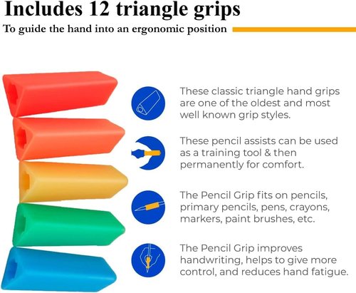 The Classics 12-Pack Triangle Pencil Grips, Assorted Bright Colors, 1.75-Inch Long (TPG-16212)