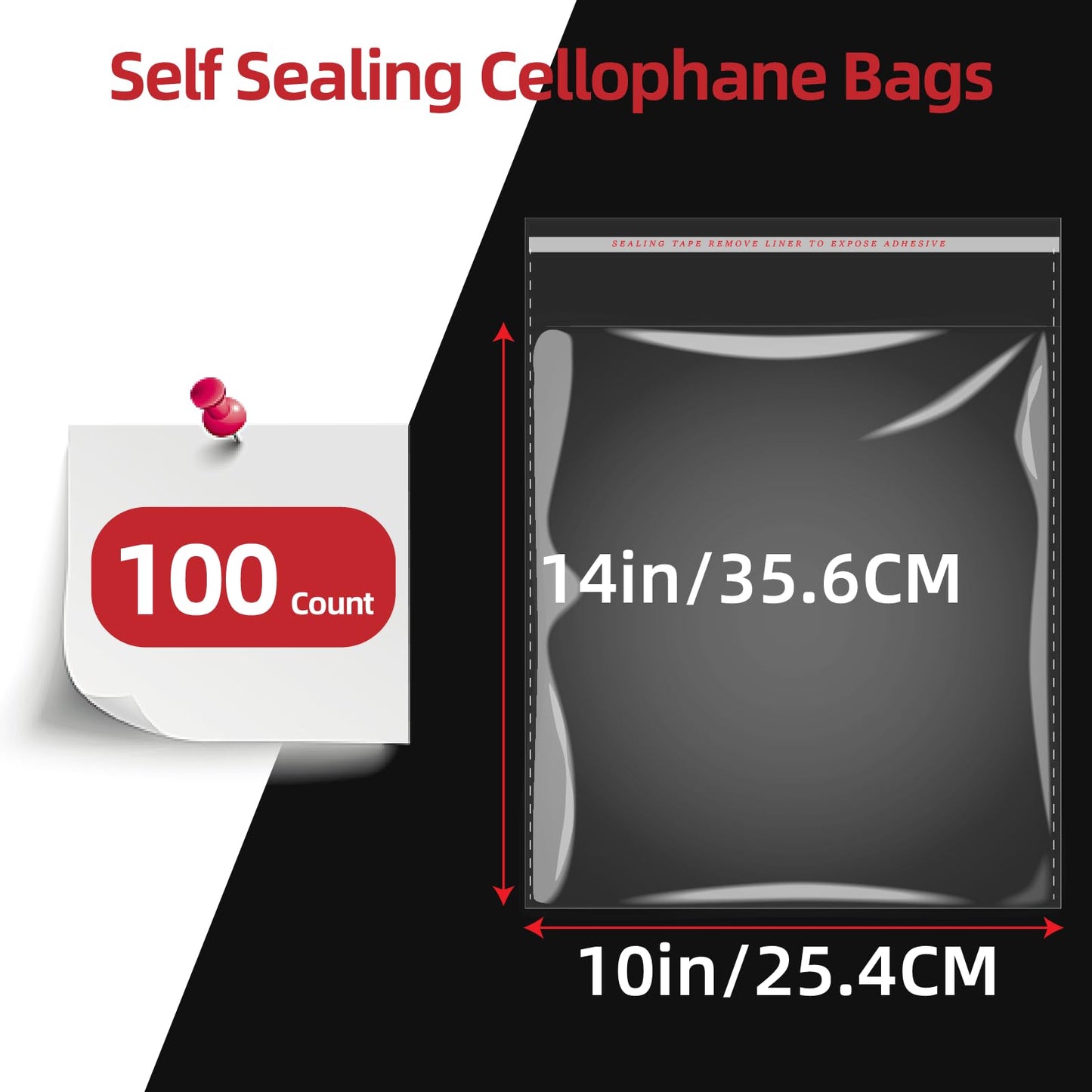 100 Count 10x14 self sealing Cellophane Bags, HUOJI Resealable Clear Poly Bags for Clothes, Shirts and Party Favors
