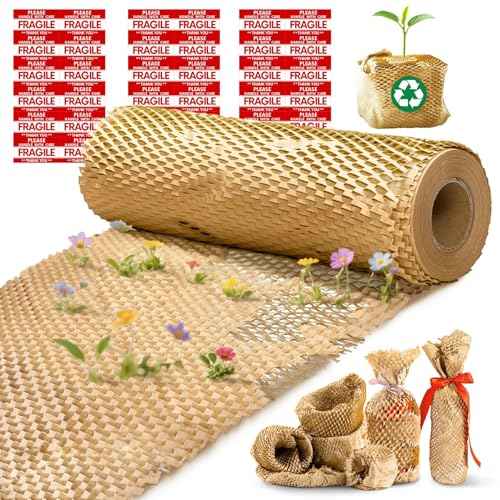 Honeycomb Packing Paper, 12"x400' Brown | Perforated Honeycomb Packing Paper Recyclable Moving Supplies for Shipping & Moving | Plastic-Free Alternative to Bubble Cushion Wrap with 36 Fragile Stickers