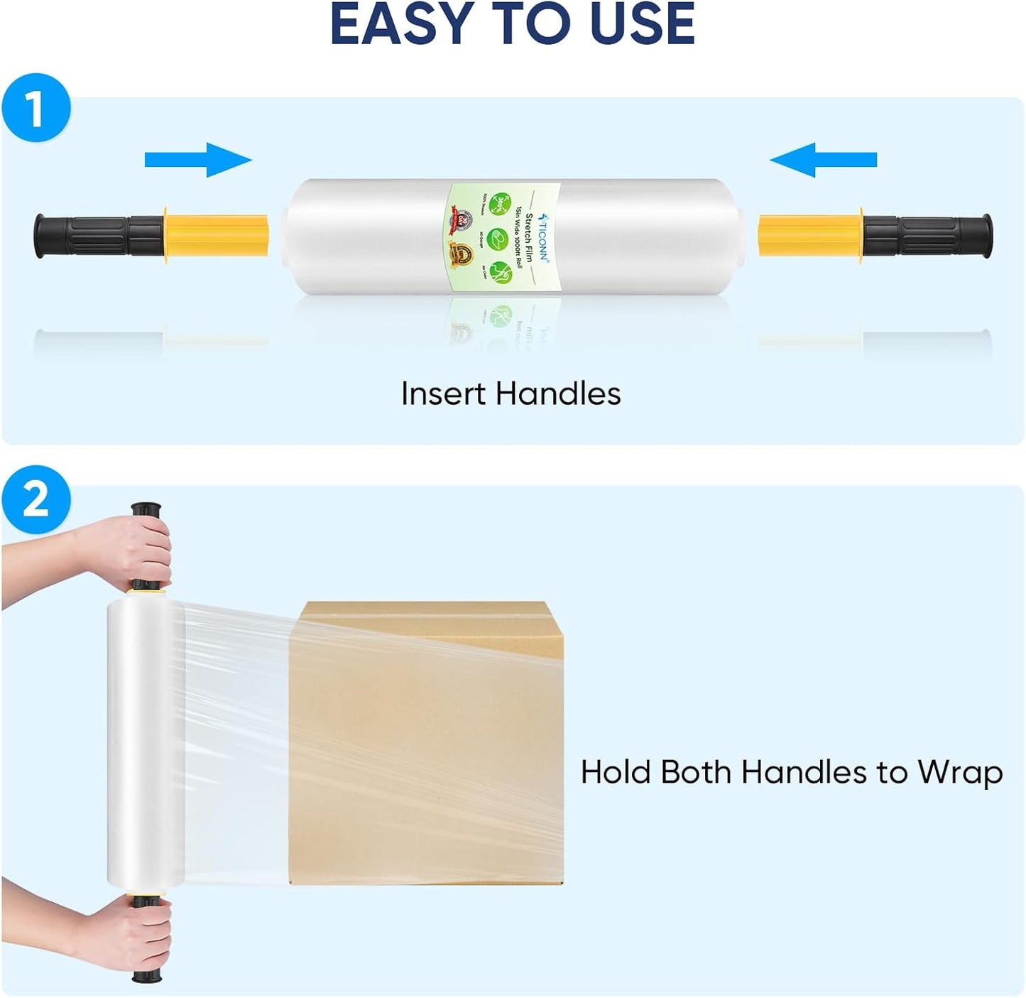 TICONN Stretch Wrap Roll - 1000ft Industrial Strength 15" Wide Clear Plastic Film with Handles for Easy Pallet Wrapping