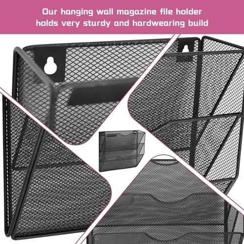 3 Pockets Mesh Wall File Holder Organizer Office Hanging File Folder Magazine Rack, Nametag Label Hooks Set Included (Black)