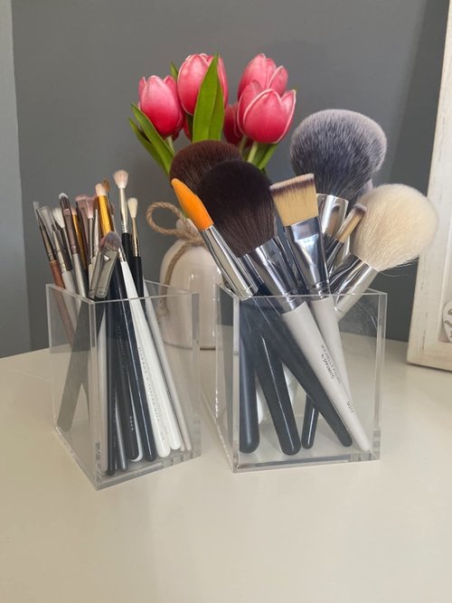 Dingelex 8 Pack Clear Acrylic Pen Pencil Holder Cup, Clear Makeup Brush Holder Acrylic Desk Accessories Square Stationary Organizer for Office School Home