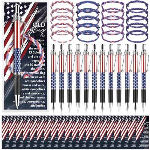 180 Pcs Veterans Day Gifts Bulk American Flag Souvenir Gifts American Flag Ballpoint Pens Rope Bracelets and Star Stripe Bookmarks Remembrance Day for Army Veterans Memorial Heroes Supplies