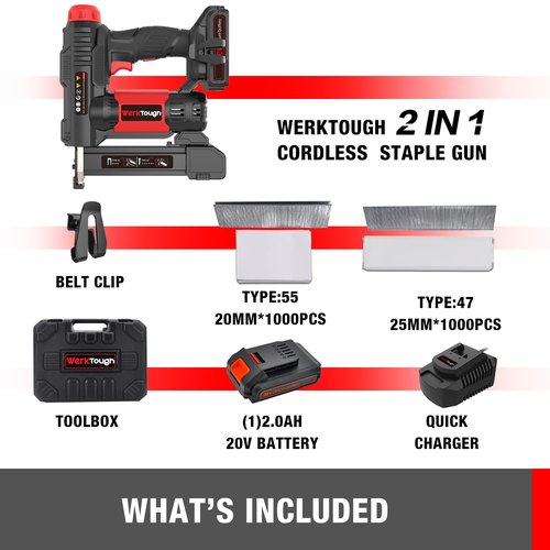 Werktough 20v Cordless Staple Gun Brad Nailer 2 in 1 Aluminum Metal magzine 1 Hour Fast Charger 2000mA Lithium Battery 2000pcs Free Staples(90 4/5”1000+18GA 1”x1000) in Tool Case